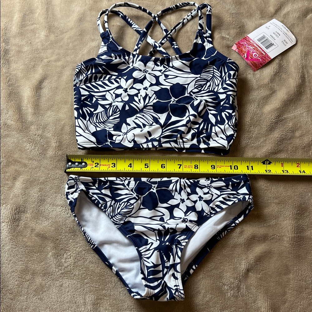 KANU Girl's Blue and White Tropical Floral Full Coverage Athletic Bikini - Sz 6 - Picture 9 of 11